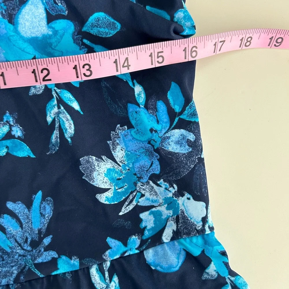 New Denim & Co. Beach Ruffle Trim V-Neck Swim Dress Navy Floral size 14
